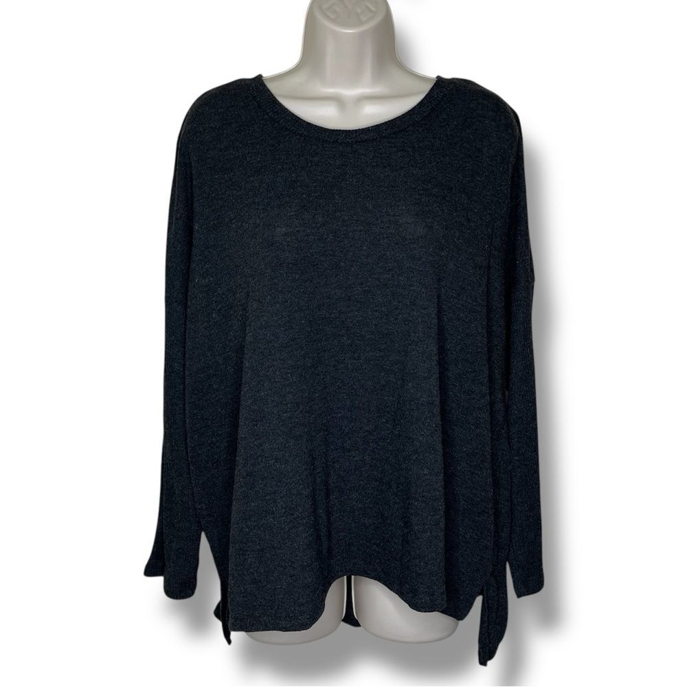 Joyspun Charcoal Gray Long Dolman Ribbed Sleeve Round Neck Top Women XL (16-18)